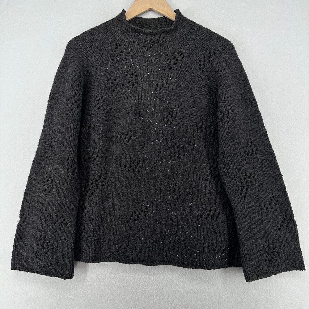 BRUUNS BAZAAR Sweater 3 Merino Wool Blend Open Knit Mock Neck Beaded Jumper Gray